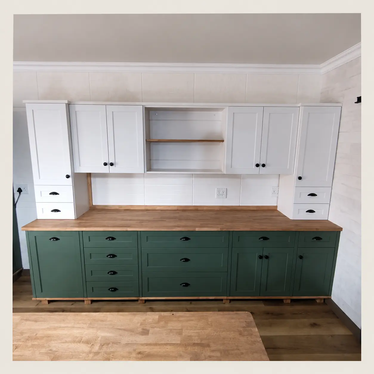 Green Combo Kitchen Set Home A kitchen with black drawers and pantry cabinets