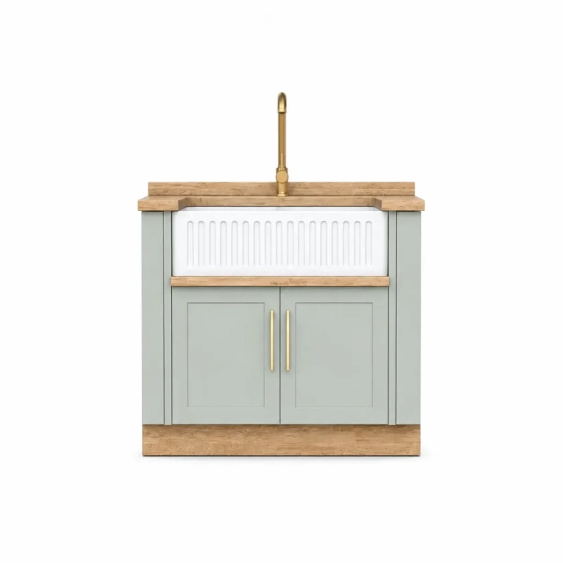 Green Double Belfast Butler Sink White Background Front Solo A Front View Of A Solo Green Double Belfast Butler Sink Cabinet With A White Belfast Sink On A White Background