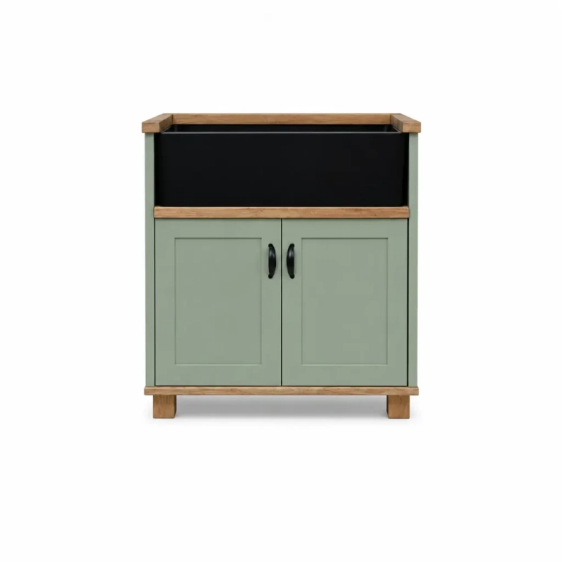 Green Double Butler Sink White Background Front Solo A Front View Of A Solo Green Double Butler Sink Cabinet With A Black Sink On A White Background