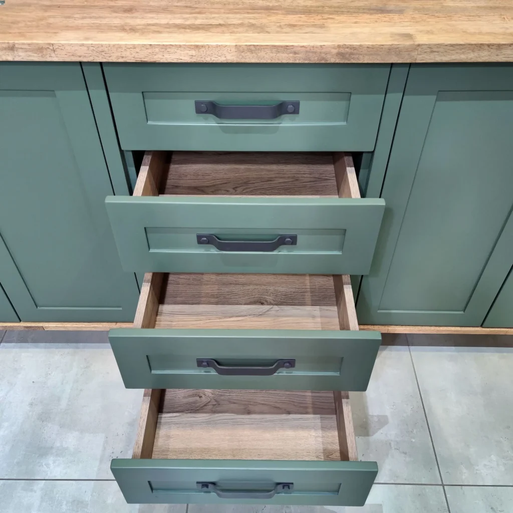 Green Open Four Drawer Floor Cabinet Front