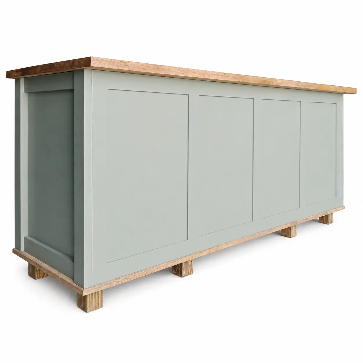 Green Panel Kitchen Island White Background Left A left view of an open blue freestanding split pantry with shelving, drawers and spice racks