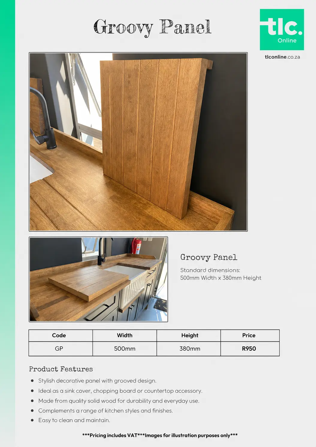 Groovy Panel Price List A page displaying the Chopping Board price and dimension options