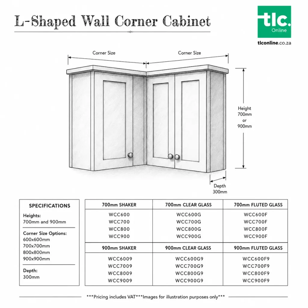 A Sketch Of An L-shaped Wall Corner Cabinet With It's Dimensions and Unit Code