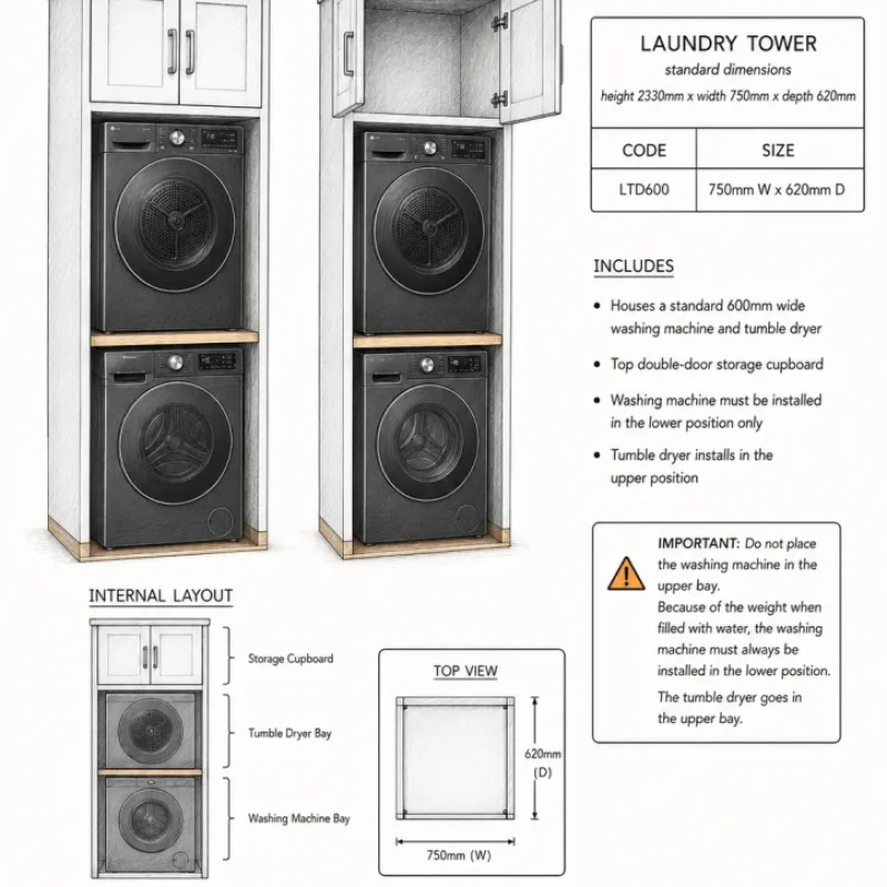 A Sketch Of A Laundry Tower Cabinet with It's Dimensions and Unit Code