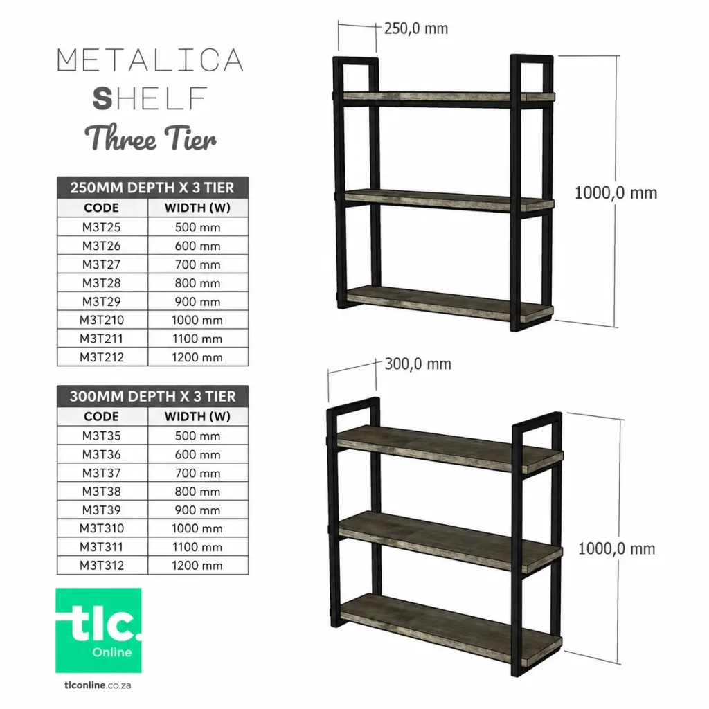 Metalica-shelf-three-tier-sketch1 A Sketch Of the Two, Three Tier Metalica Shelf Units With Their Dimensions and Unit Code