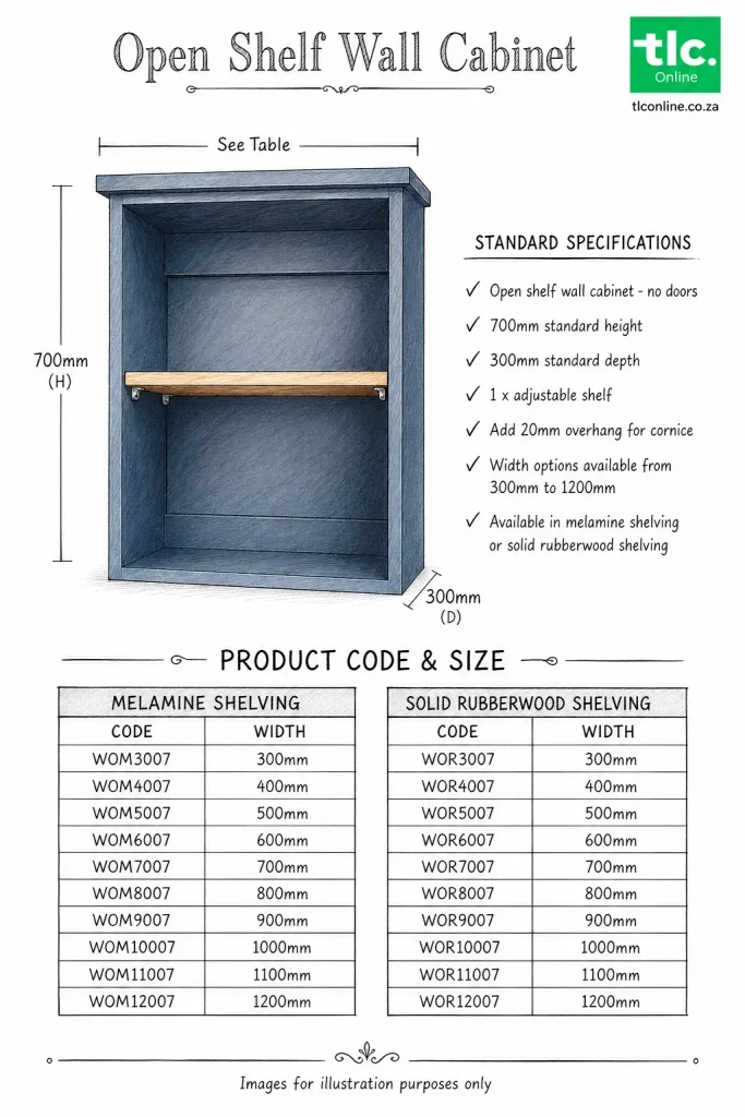 A Sketch Of An Open Shelf Wall Cabinet With It's Dimensions and Unit Code