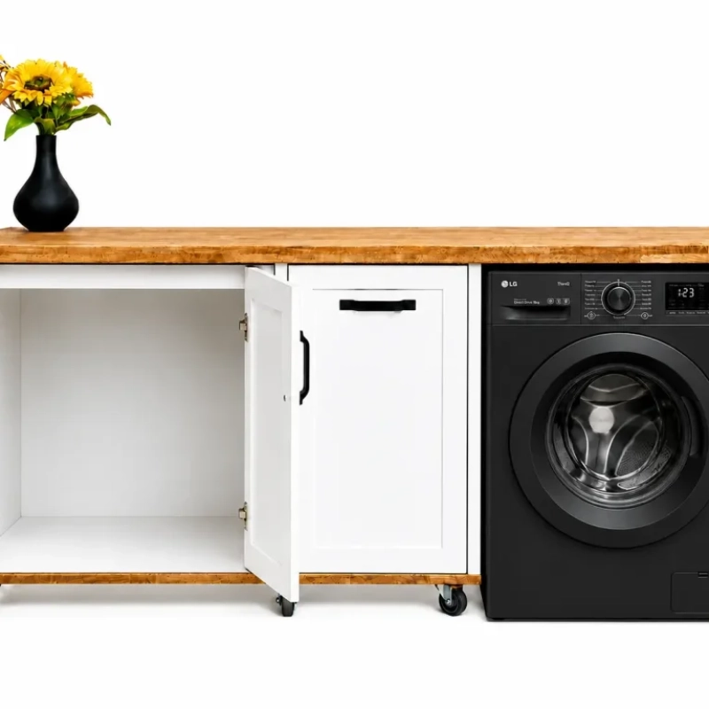 A Front View Of An Open White Appliance Panel Cabinet With A Black Washing Machine On A White Background