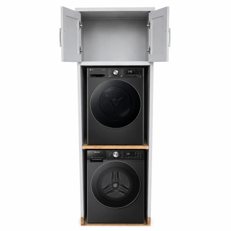 A Front View Of An Open White Washing Machine House With A Black Washing Machine And A Black Tumble Dryer On A White Background
