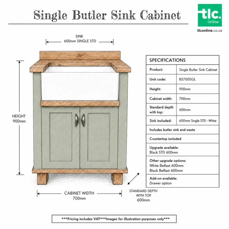 Single Butler Sink Cabinet Sketch A Sketch Of A Single Butler Sink Cabinet With It's Dimensions and Unit Codes