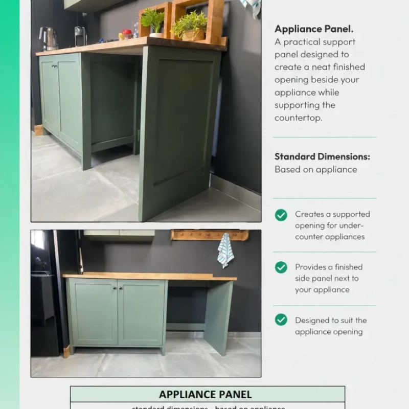 A page displaying the Appliance Panel price and dimension options
