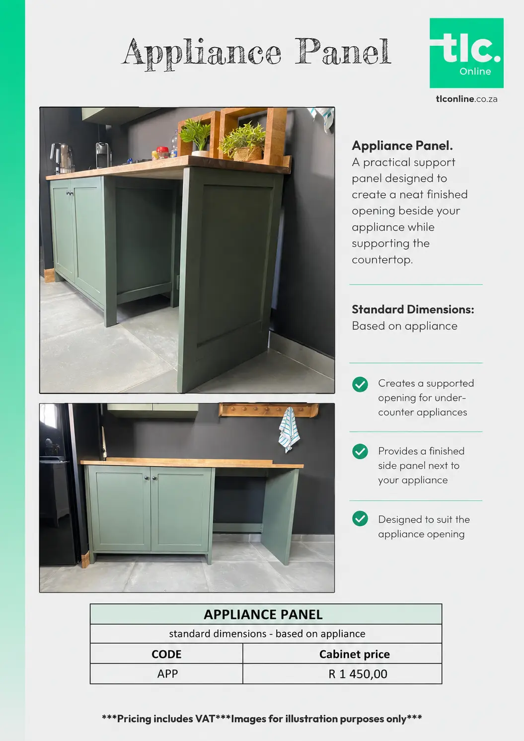 TLC_KITCHEN_PRICELIST_Kitchen_Appliance_Panel A page displaying the Appliance Panel price and dimension options