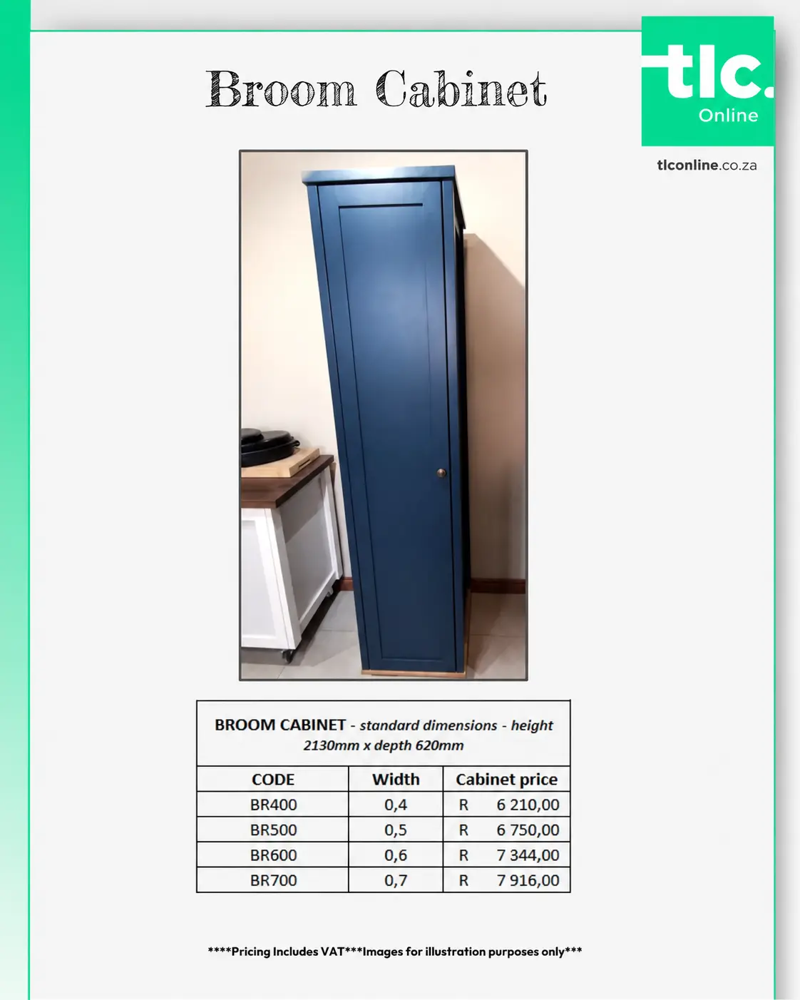TLC_KITCHEN_PRICELIST_Kitchen_Broom_Cabinet A page displaying the Broom Cabinet price and dimension options