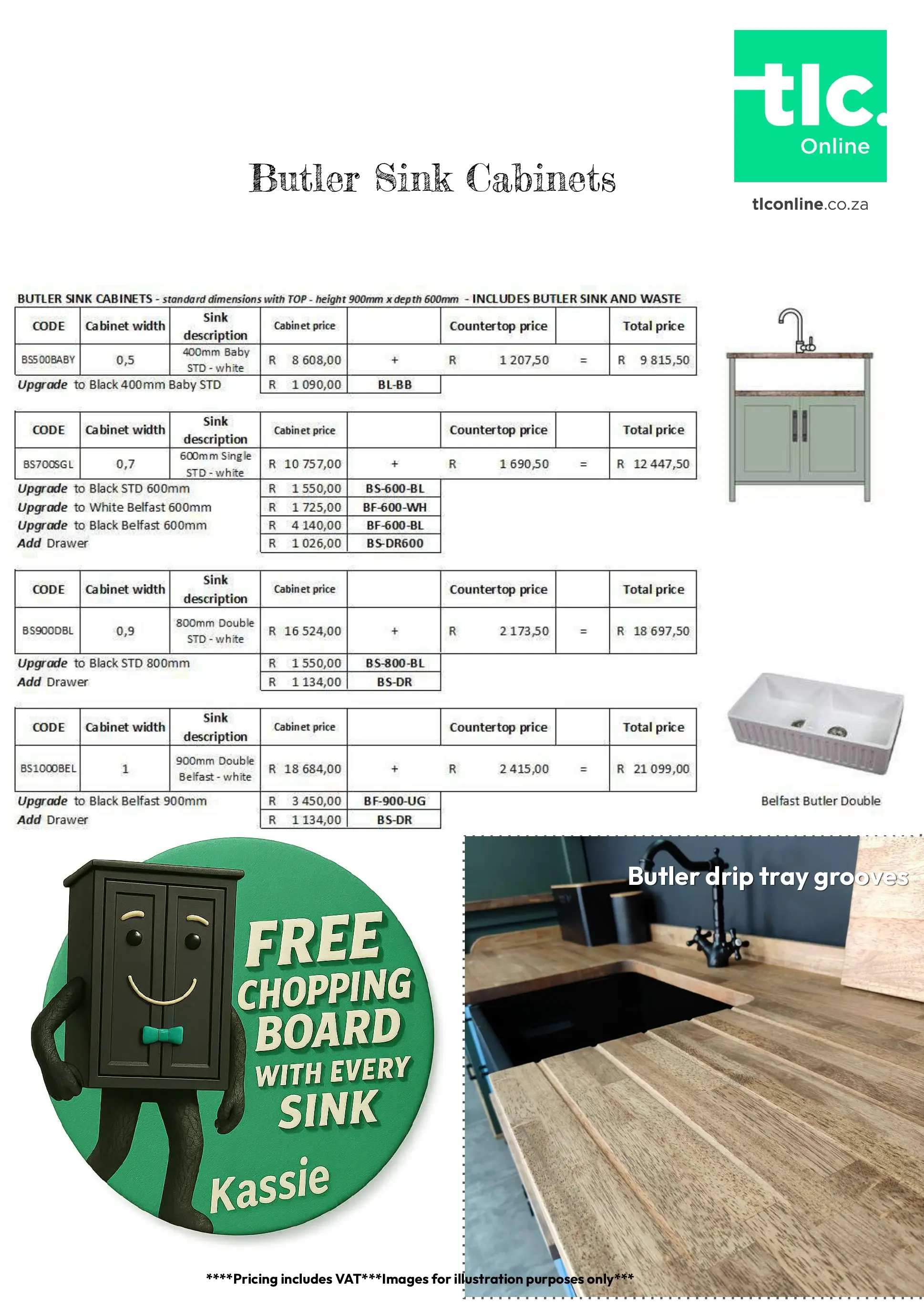 TLC_KITCHEN_PRICELIST_Kitchen_Butlet_Sink_Dimensions2 A page displaying the Butler Sink Cabinet price and dimension options