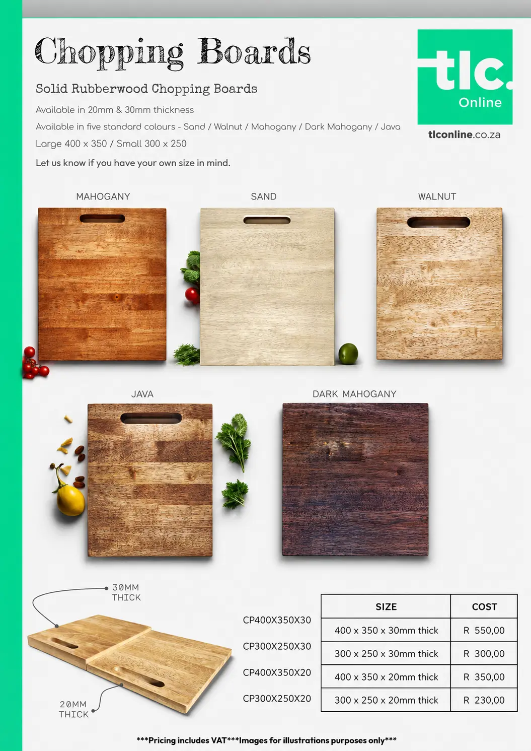 TLC_KITCHEN_PRICELIST_Kitchen_Chopping_Board A page displaying the Chopping Board price and dimension options
