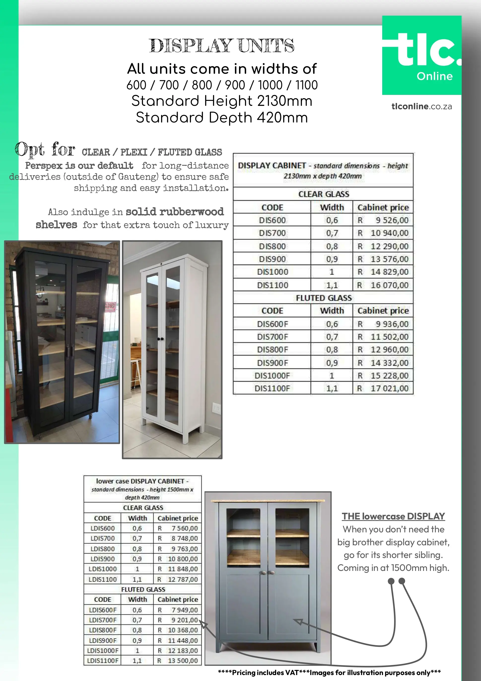 TLC_KITCHEN_PRICELIST_Kitchen_Display_CabInet A page displaying the Display Cabinet and the Lowercase Display Cabinet with their different pice and dimension options