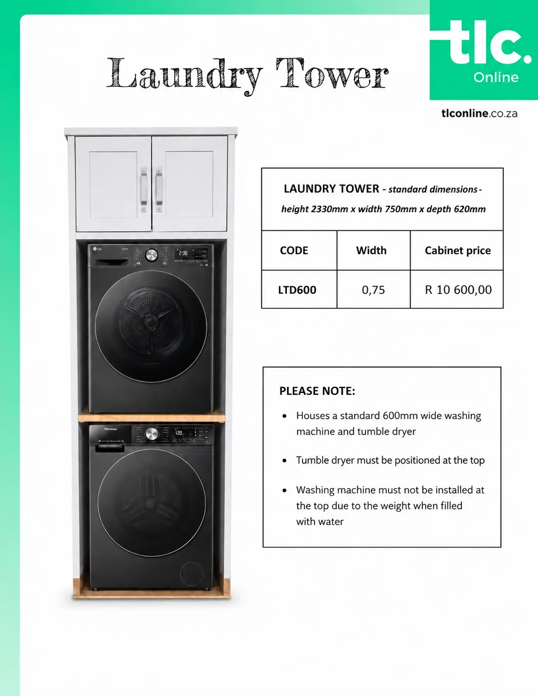TLC_KITCHEN_PRICELIST_Kitchen_Laundry_Tower A page displaying the Laundry Tower Cabinet price and dimension options