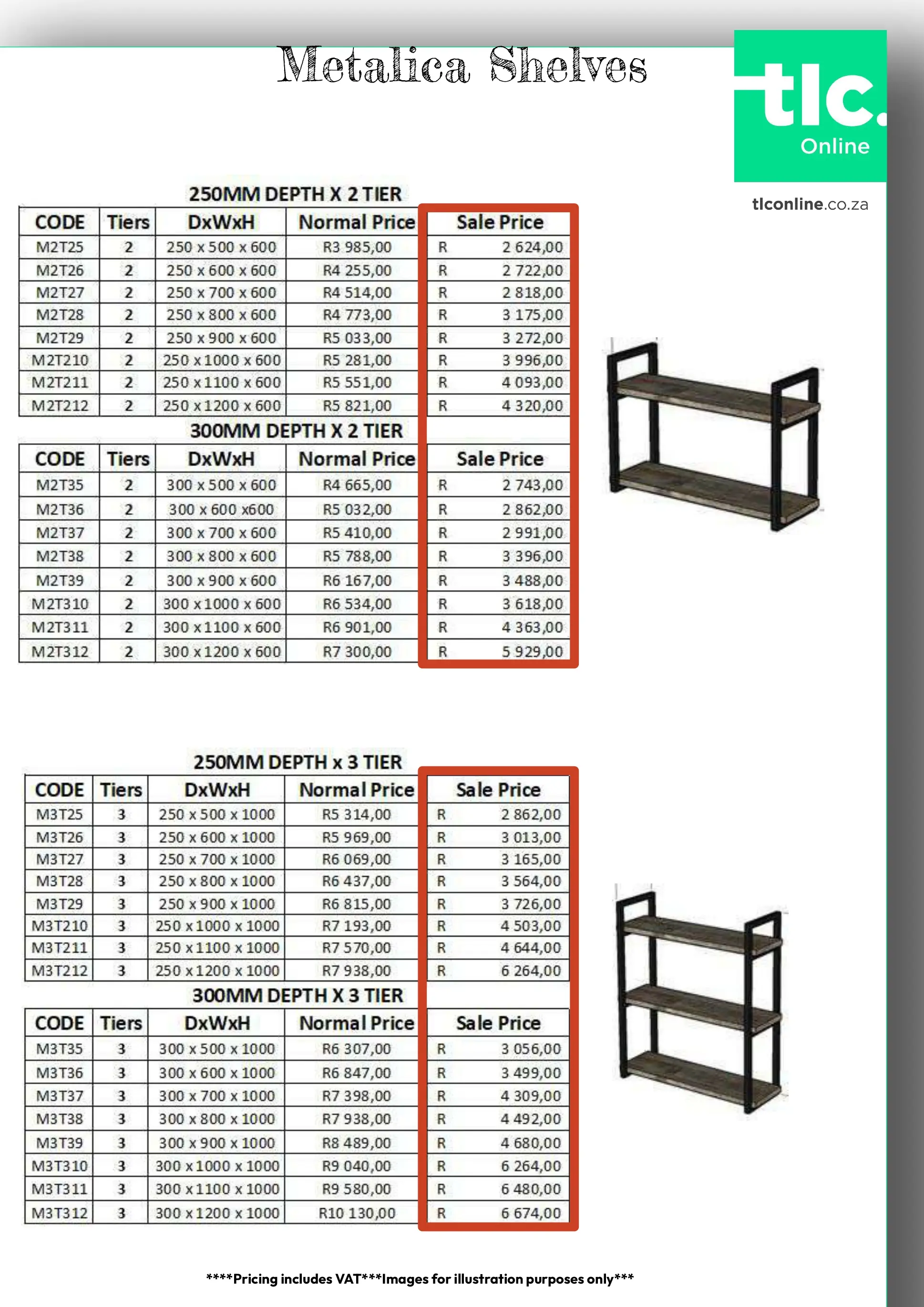 TLC_KITCHEN_PRICELIST_Kitchen_Metalica Shelves A page displaying the Two Tier Metalica Shelf and the Three Tier Metalica Shelf with their different pice and dimension options