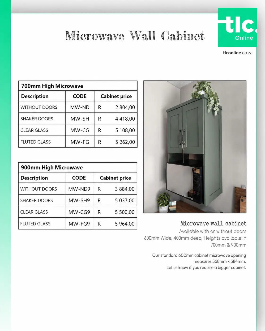 TLC_KITCHEN_PRICELIST_Kitchen_Microwave_Wall_Cabinet A page displaying the Microwave Wall Cabinet price and dimension options