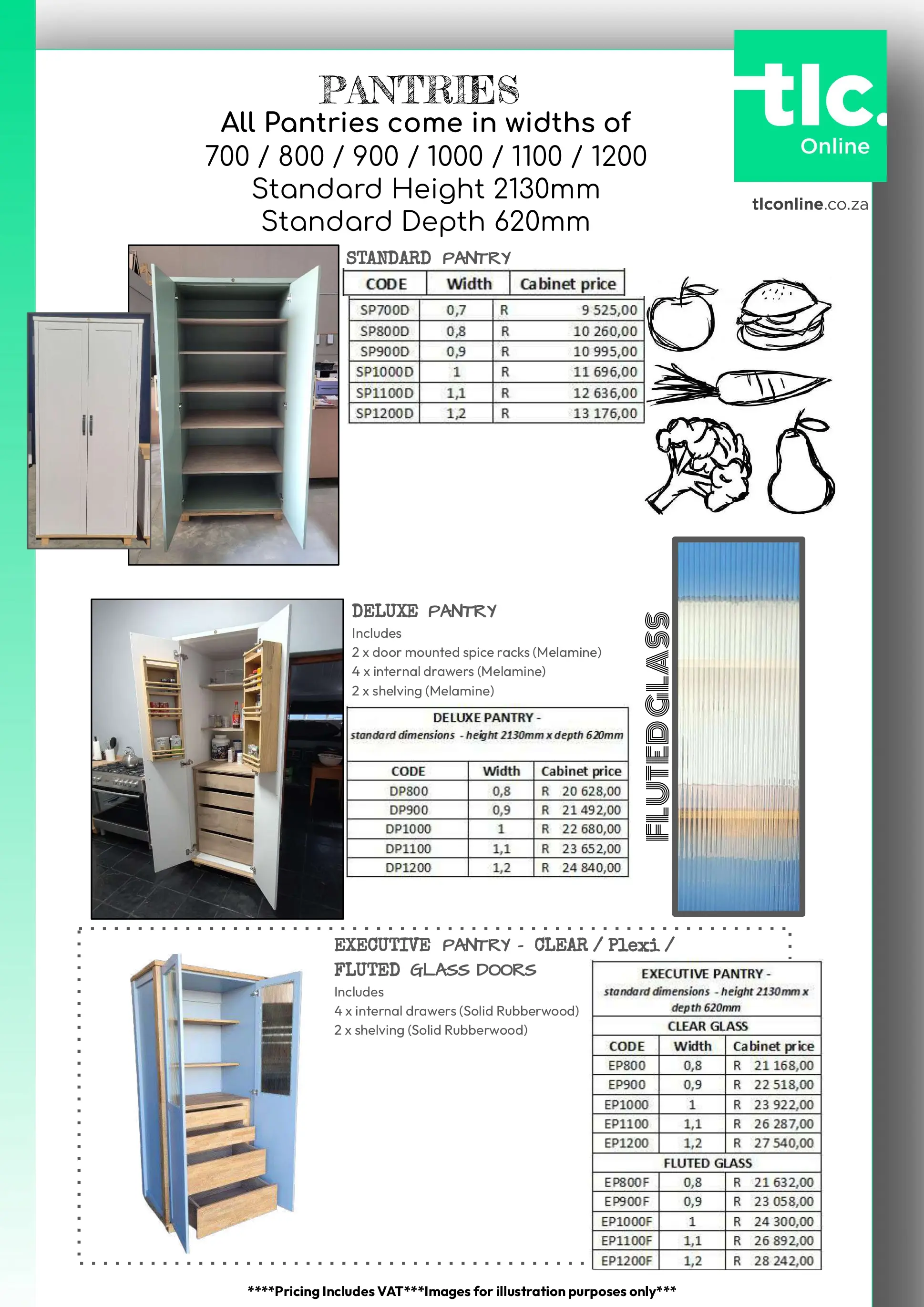 TLC_KITCHEN_PRICELIST_Kitchen_Pantries A page displaying the Standard Double Pantry, Deluxe Pantry and the Executive Pantry price and dimension options