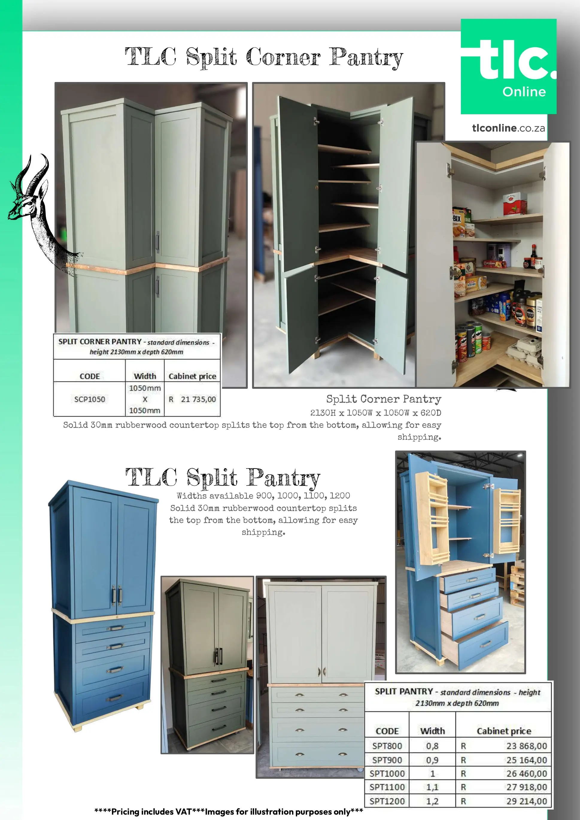TLC_KITCHEN_PRICELIST_Kitchen_Split_Pantries A page displaying the Split Pantry and Split Corner Pantry price and dimension options