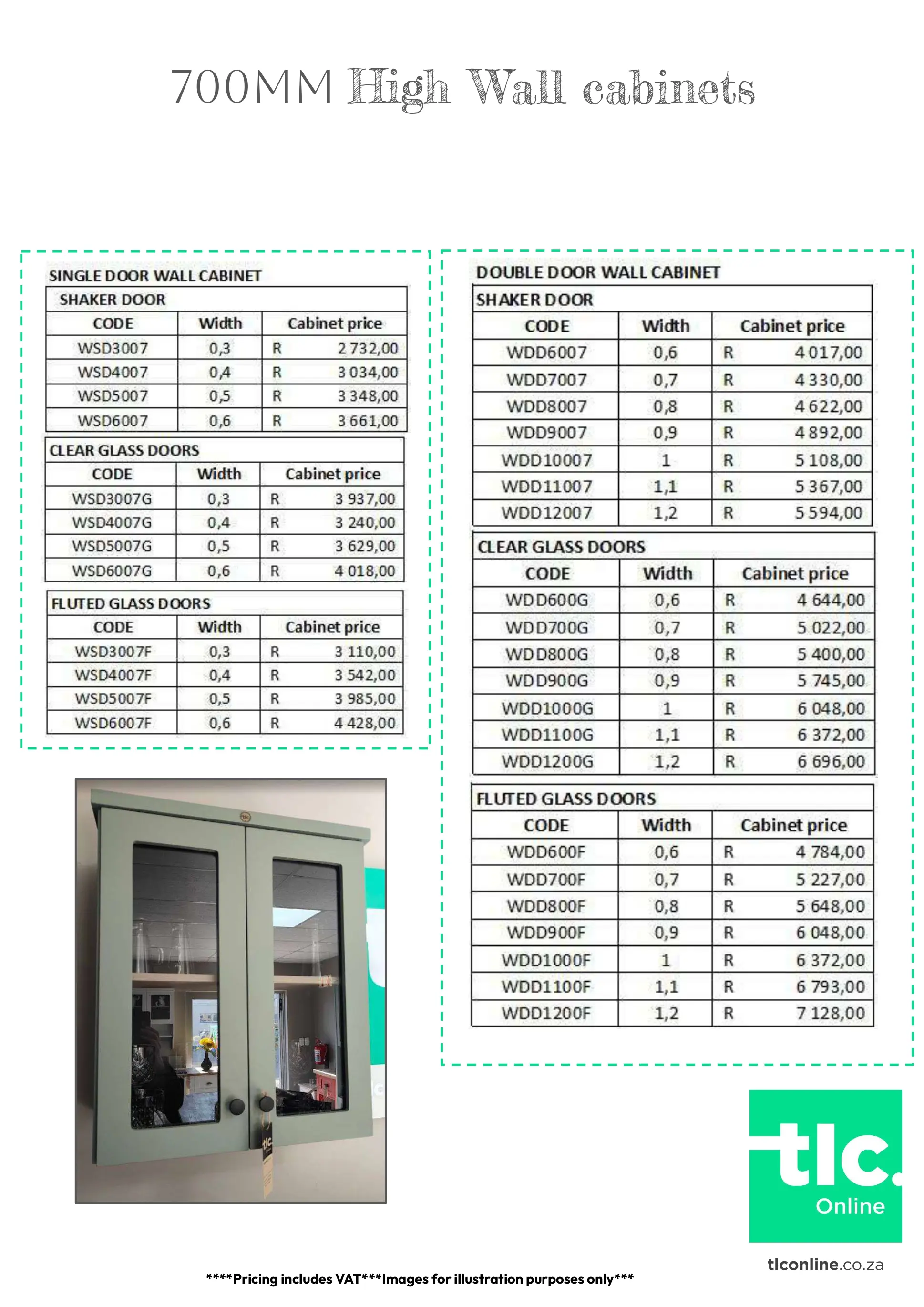 TLC_KITCHEN_PRICELIST_Kitchen_Wall_Cabinet_700mm2 A page displaying the 700mm Single and Double Door Wall Cabinet price and dimension options