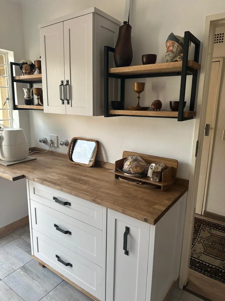 Two Tier Metalica Shelves White Appliance Panel Kitchen Two, Two Tier Metalica Shelves, A White Double Door Wall Cabinet And A White Appliance Panel Cabinet In A Kitchen