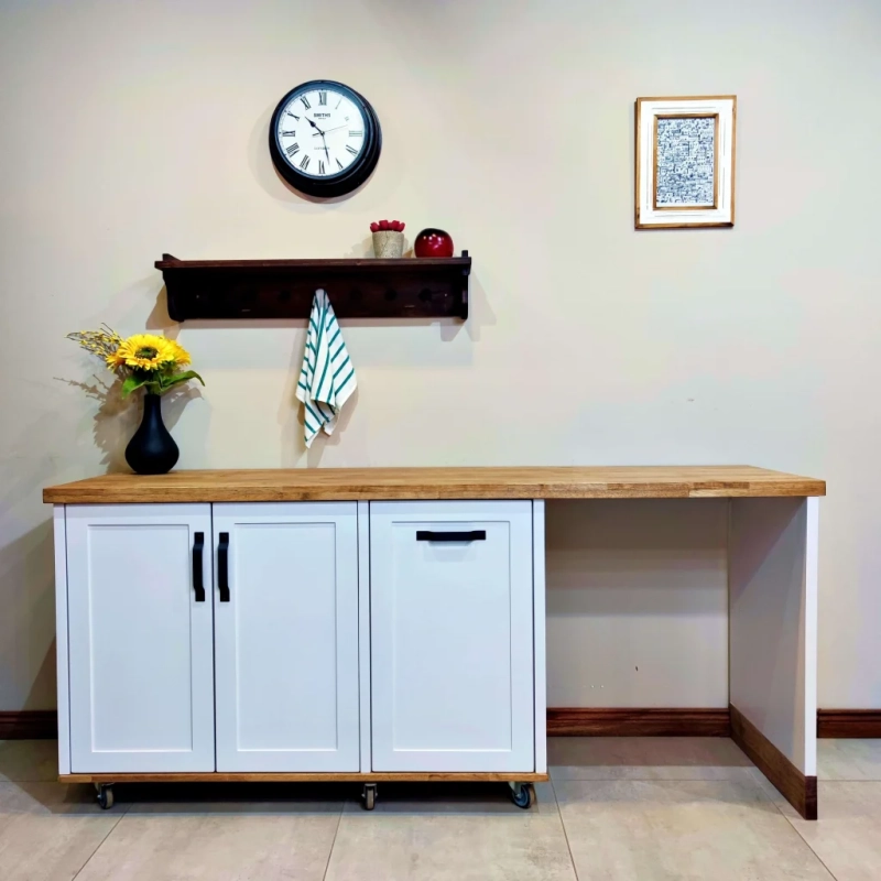 A White Appliance Panel Cabinet And A Wall Shelf In A Home