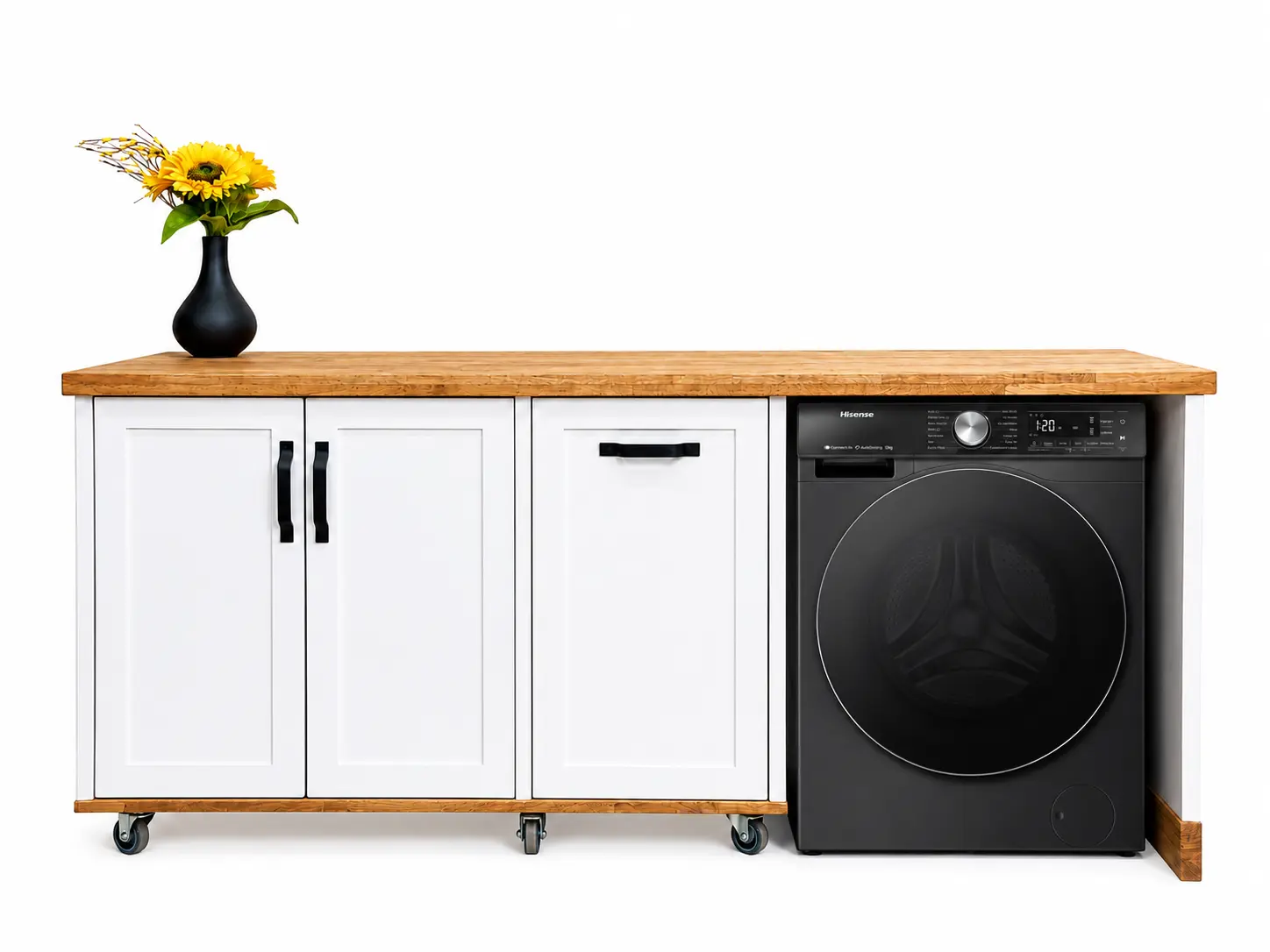 Appliance Houses 4 A Front View Of A White Appliance Panel Cabinet With A Black Washing Machine On A White Background