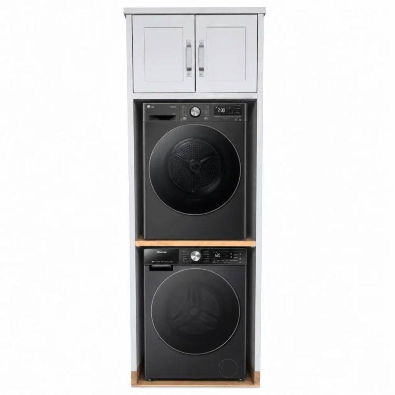 A Front View Of A White Washing Machine House With A Black Washing Machine And A Black Tumble Dryer On A White Background